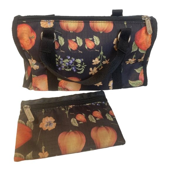 LeSportsac Small Black Handbag Fruit Flower Print Matching Pouch Made in USA - Picture 1 of 12